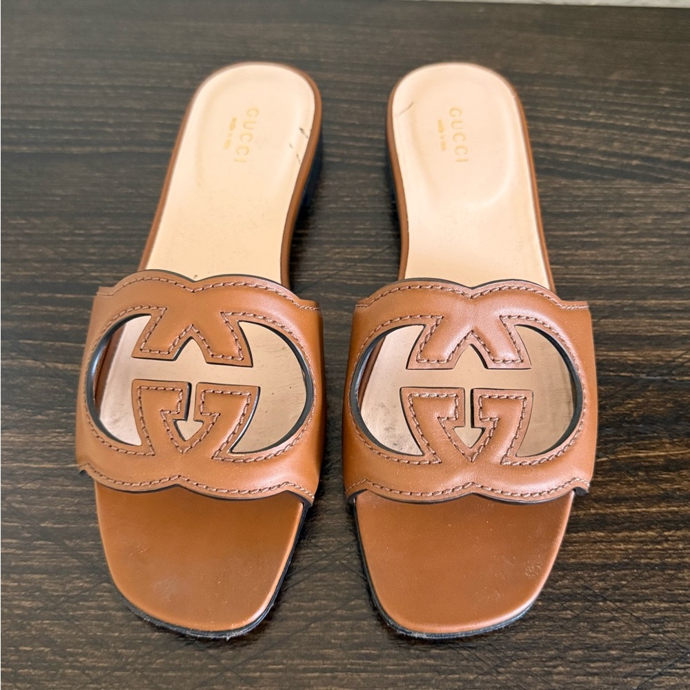 Gucci Brown Leather Sandals with Iconic GG Logo